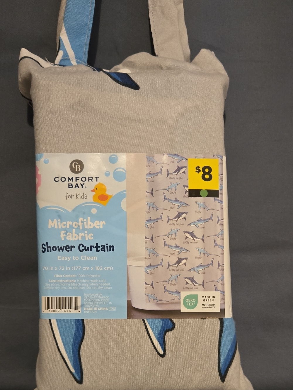 Comfort Bay Shark-Pattern Kids Shower Curtain in Gray and Blue